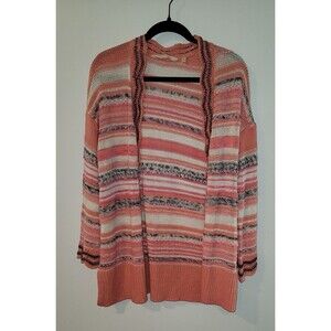 Soft Surroundings Open Knit Cardigan Sweater XS Pink Striped Boho Layering Top